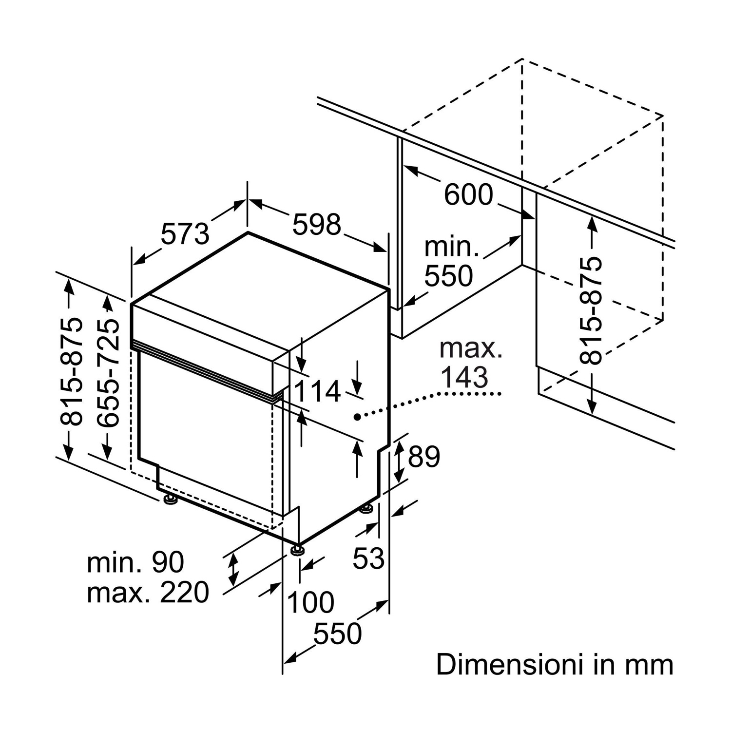 Diagramma di una lavastoviglie a incasso con dimensioni in mm. Sfondo bianco.