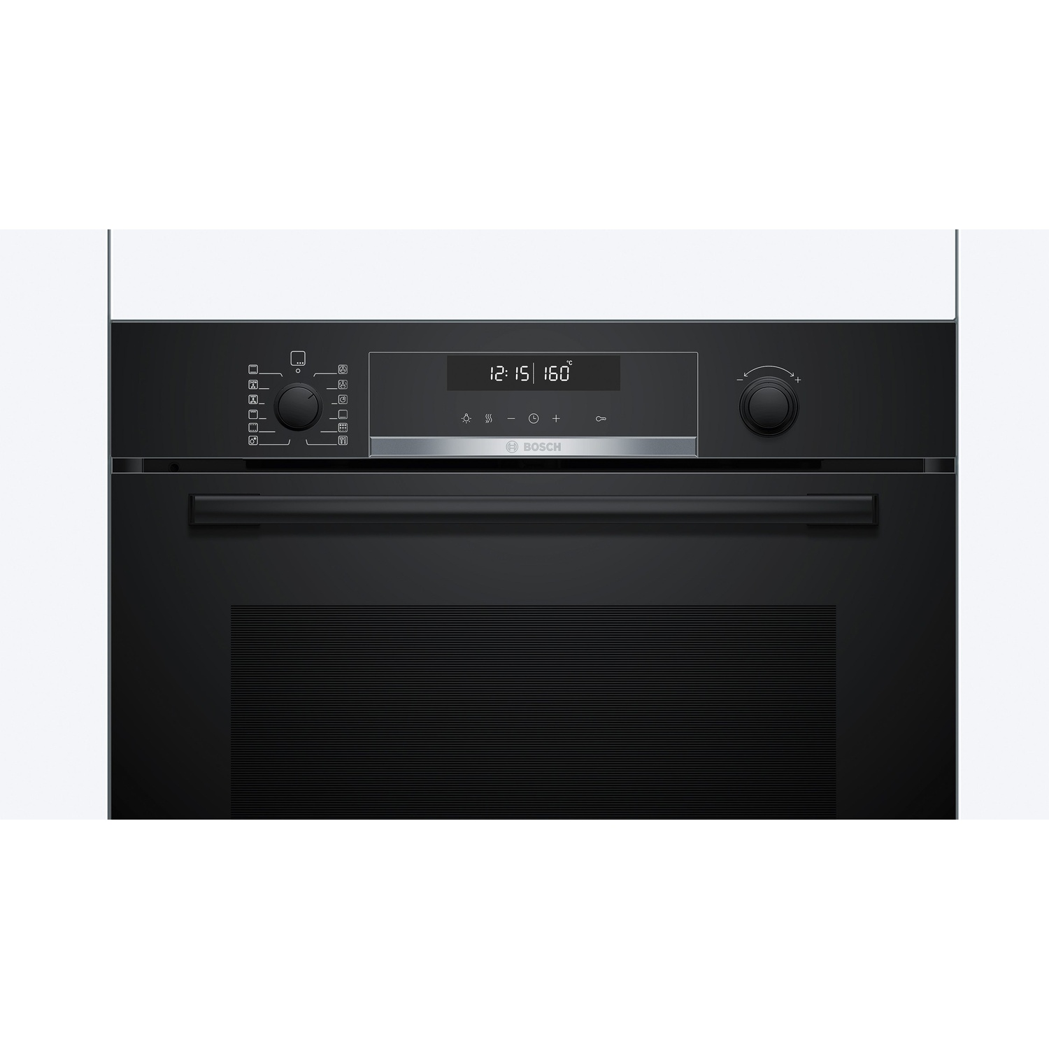 Forno nero a incasso con display digitale che mostra l'ora. Manopole e logo Bosch visibili.