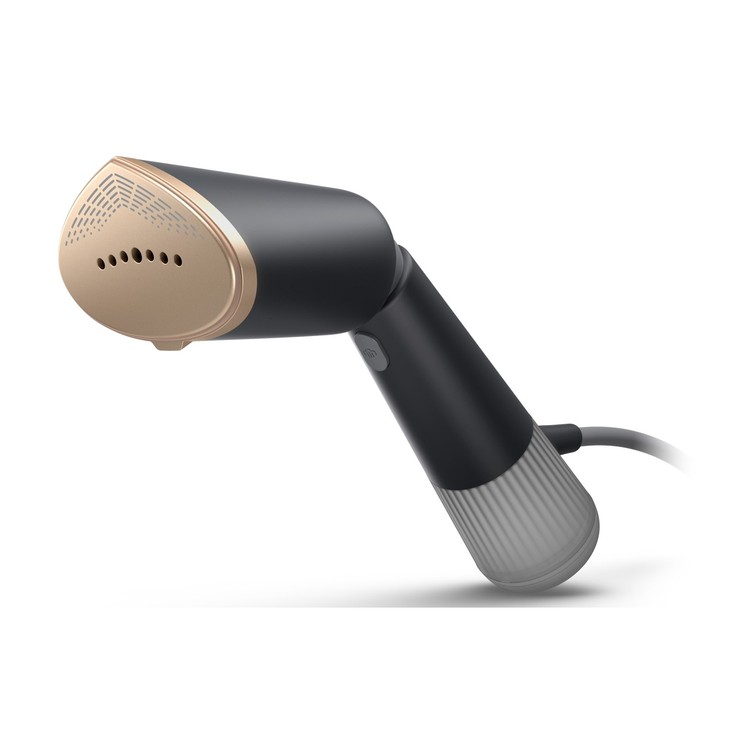 Un vaporizzatore per indumenti portatile nero e oro su sfondo bianco.