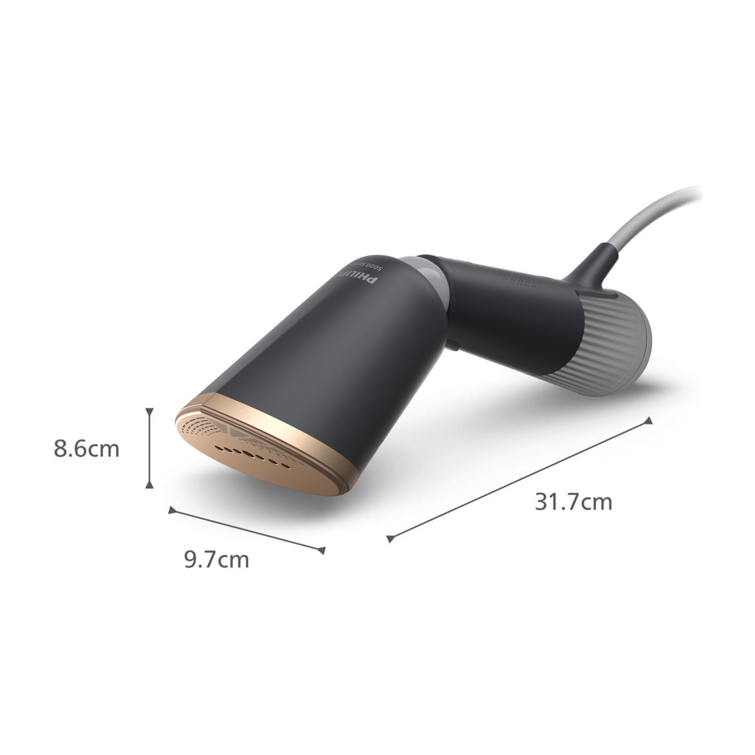 Un vaporizzatore per indumenti nero e oro è mostrato su sfondo bianco con dimensioni.