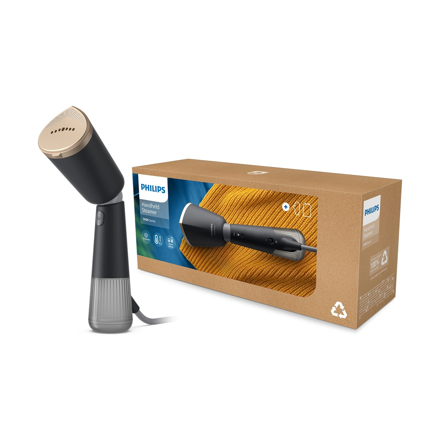 Vaporizzatore portatile Philips e la sua scatola. Il vaporizzatore è nero e oro.
