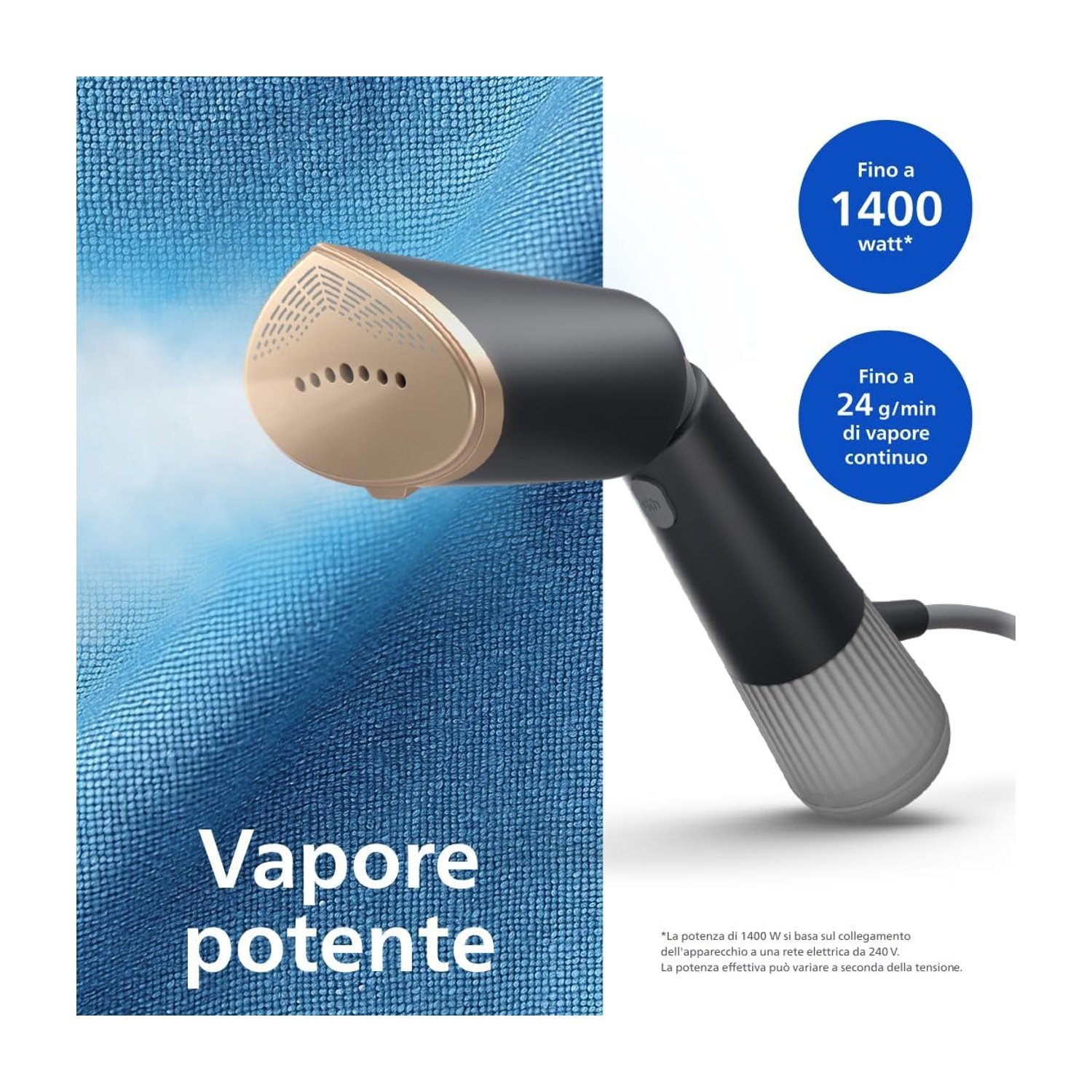 Un vaporizzatore per vestiti nero e oro su tessuto blu con testo che indica una potente emissione di vapore.