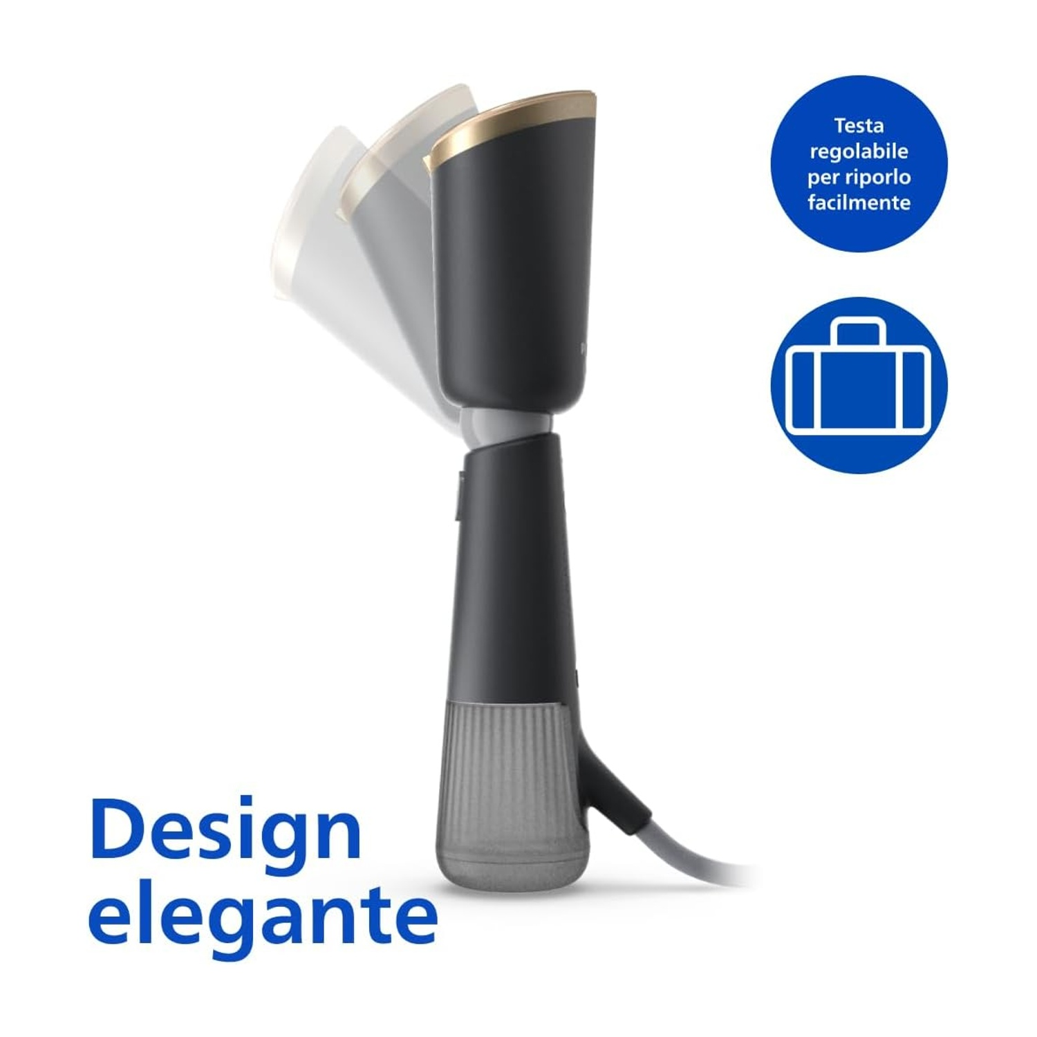 Un ferro da stiro a vapore, con un'etichetta di design e un'icona che mostra i viaggi con una valigia.