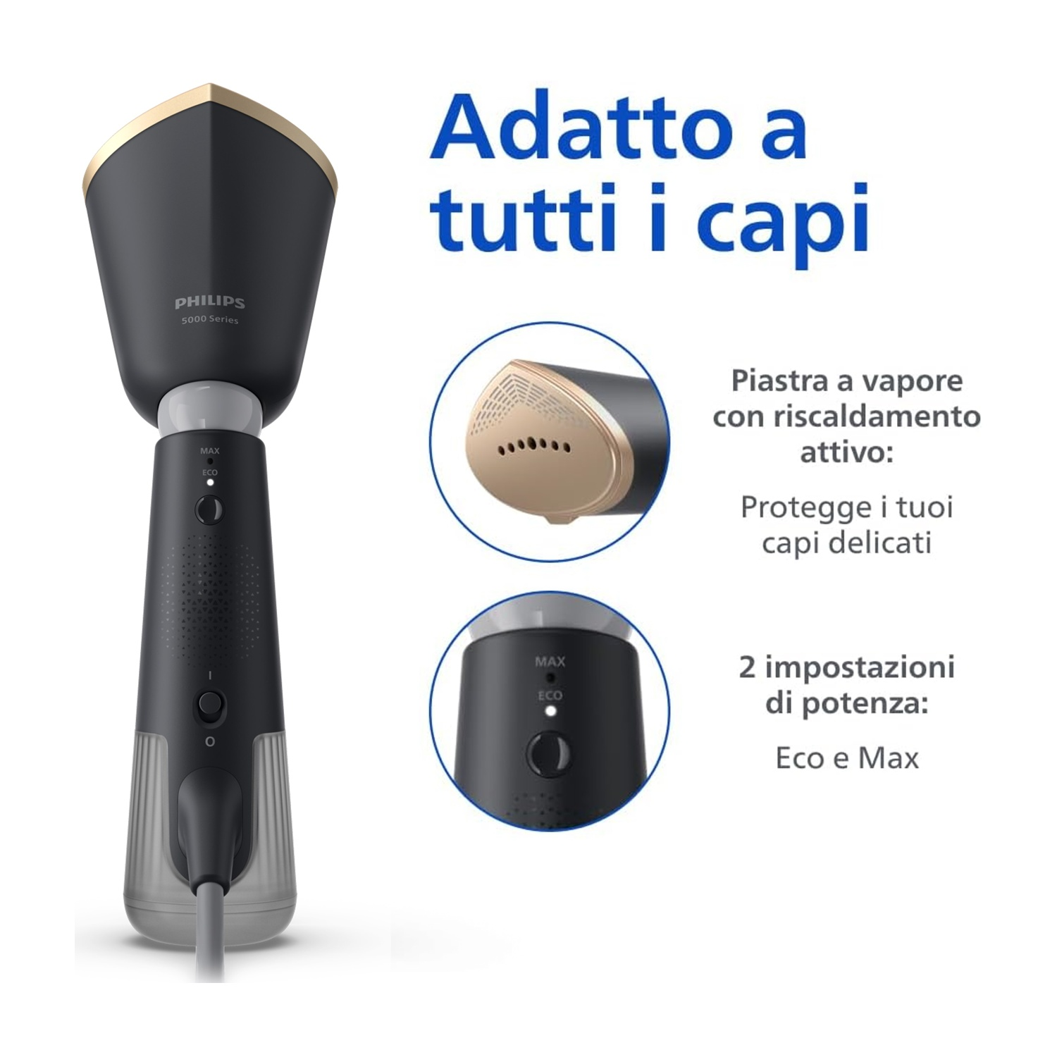 Vaporizzatore Philips nero, dettagli dorati. Impostazioni Max/Eco e piastra vapore dettagliata.