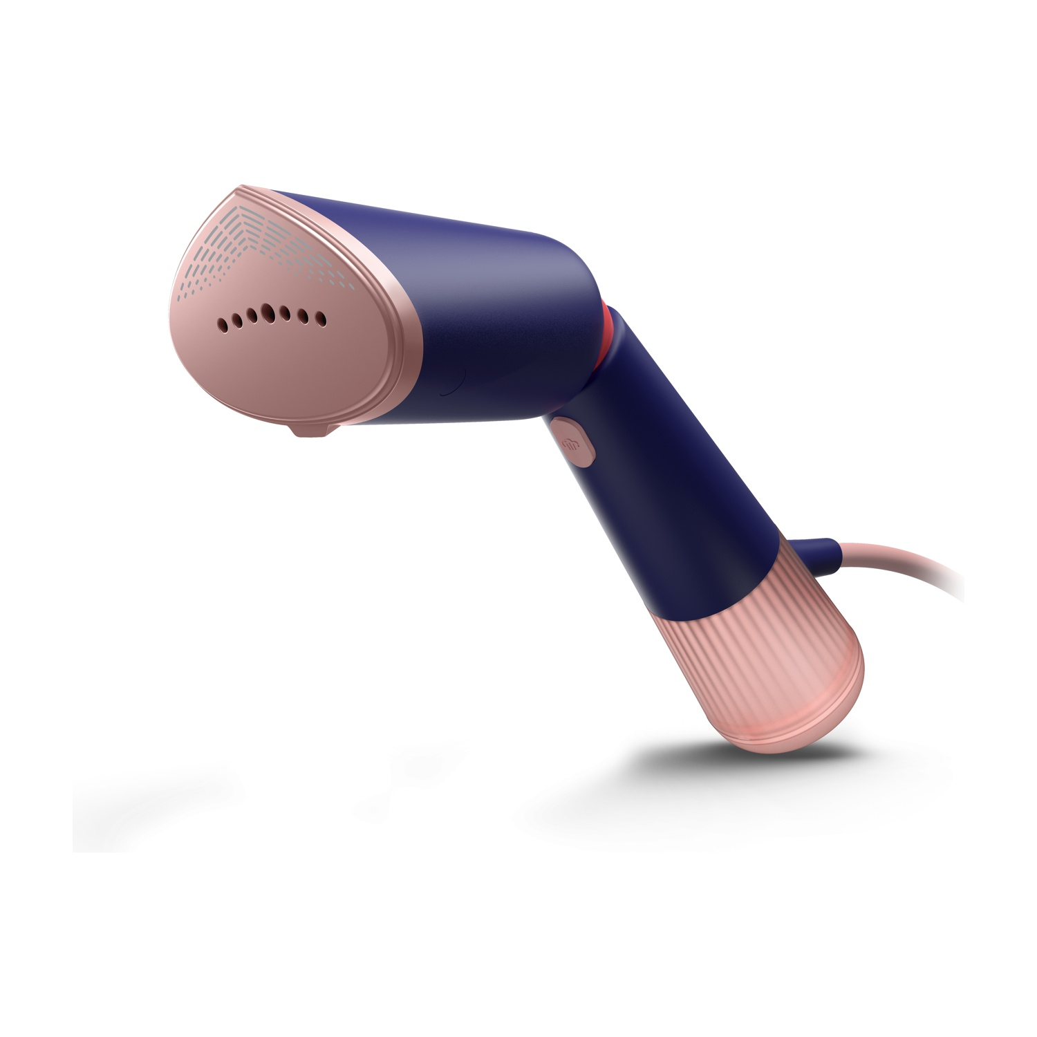 Vaporizzatore per indumenti portatile. Blu navy e rosa. Testa del vaporizzatore con fori, manico e cavo rosa.