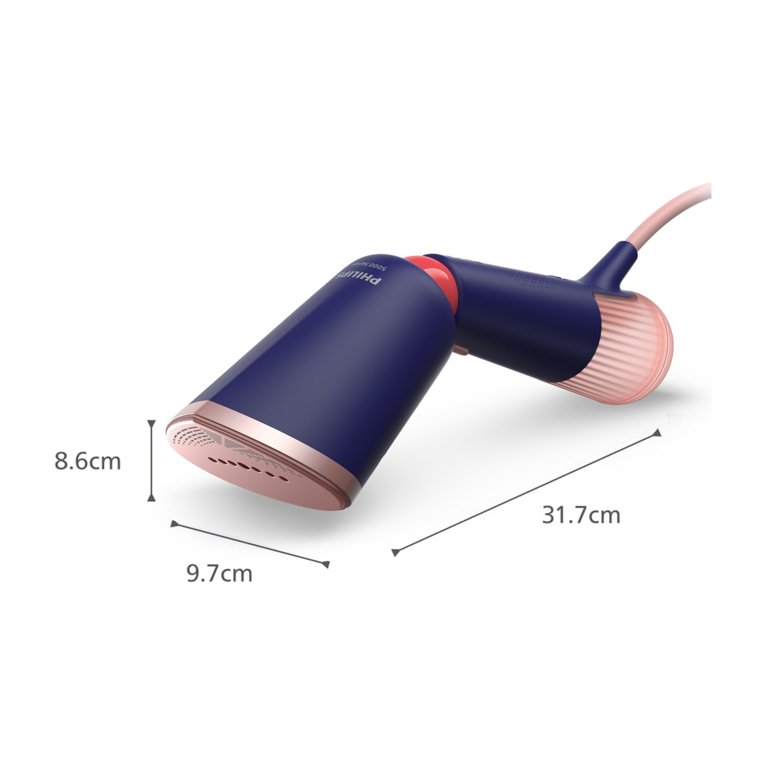 Un vaporizzatore per indumenti portatile nero e oro con dimensioni in cm su sfondo bianco.