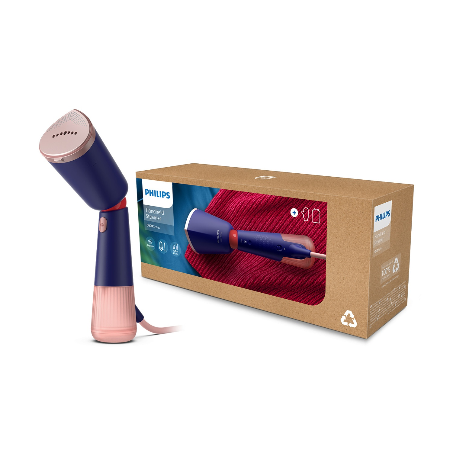 Stiratore portatile Philips e scatola. Schema colori blu e rosa.