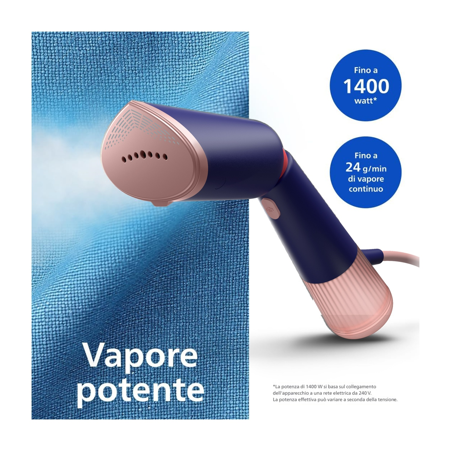 Un vaporizzatore a mano blu e rosa con testo 'Vapore potente' e infografiche.