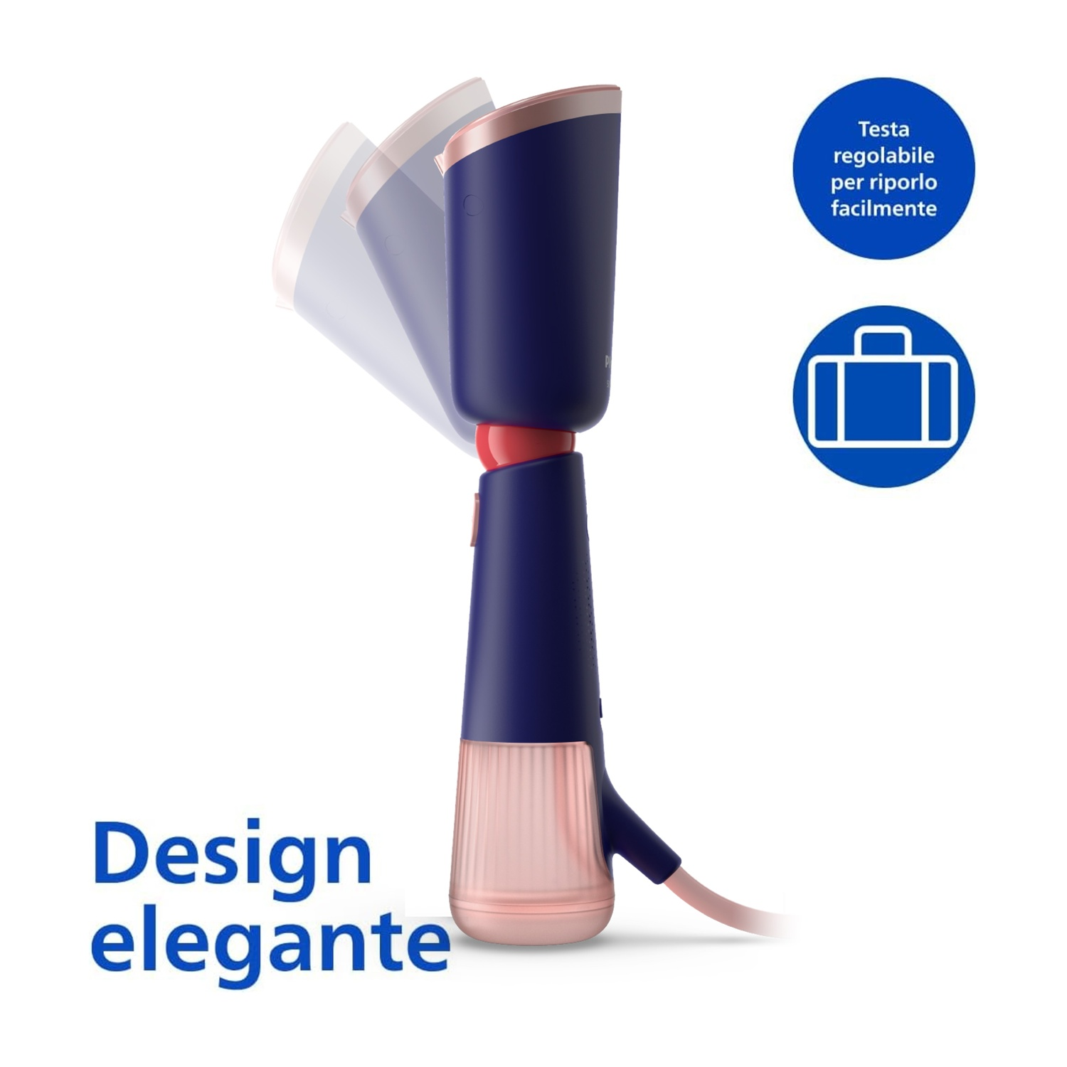 Un vaporizzatore a mano blu e rosa con il testo 'Design elegante' e l'icona di una valigia.