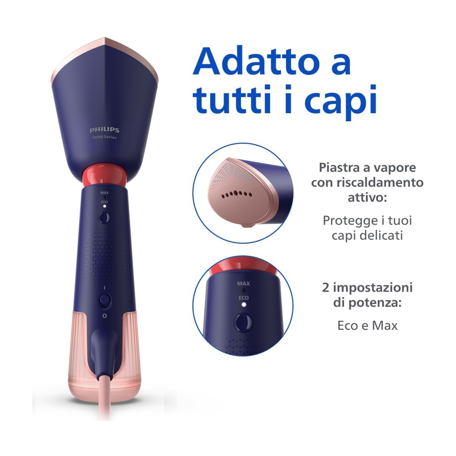 Vaporizzatore per indumenti Philips con testo su funzioni e impostazioni.