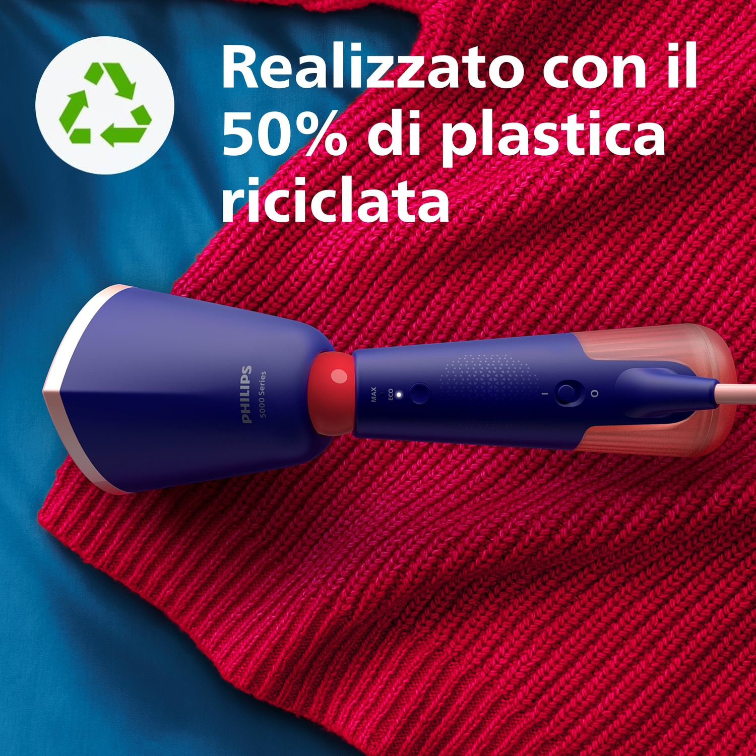 Vaporizzatore portatile con testo: 'Realizzato con il 50% di plastica riciclata'.