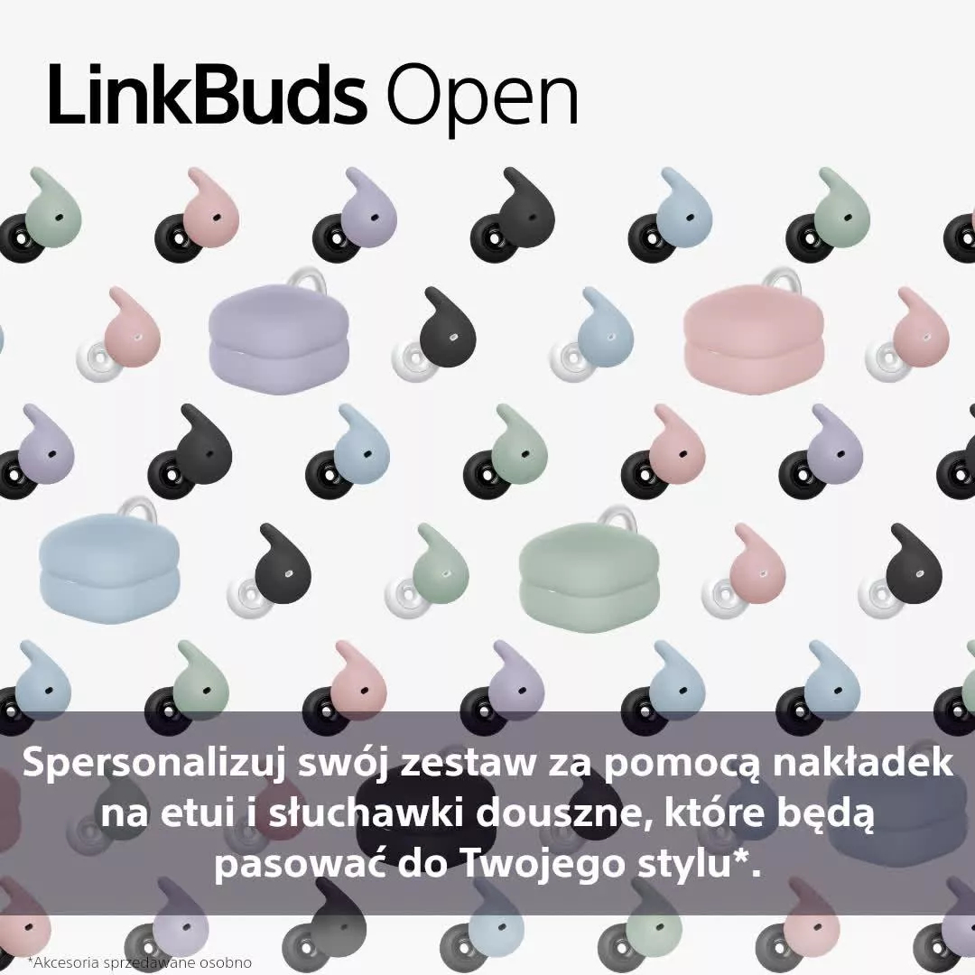 Obraz przedstawia kolorowe słuchawki LinkBuds Open i etui. Tekst promuje personalizację za pomocą wkładek i słuchawek.