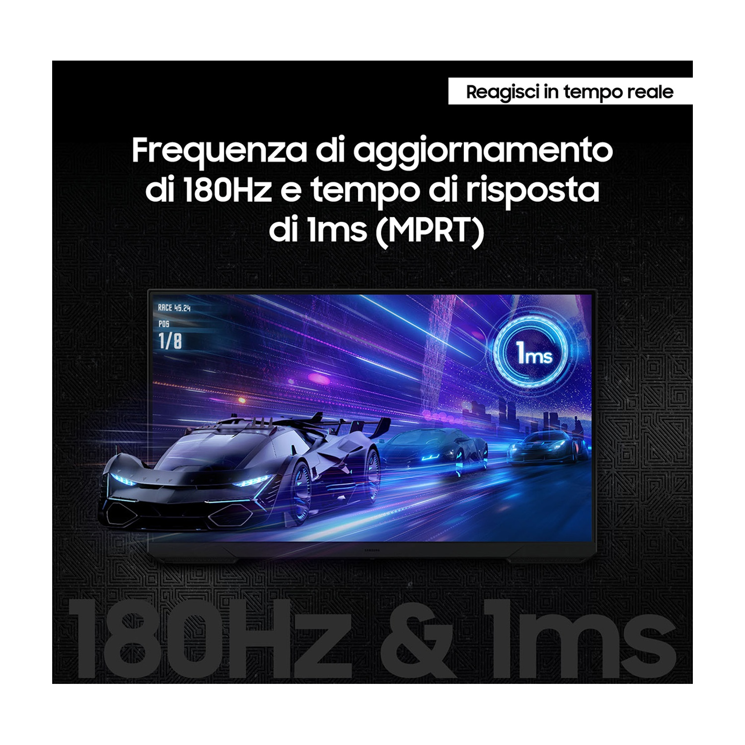 Schermo del monitor con auto da corsa, frequenza di aggiornamento 180Hz e tempo di risposta 1ms.
