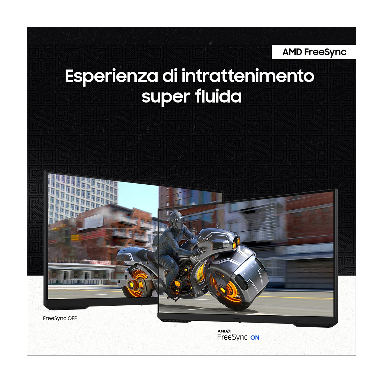 Monitor con immagini di una moto. Testo: Sperimentando intrattenimento super fluido. Sfondo nero.