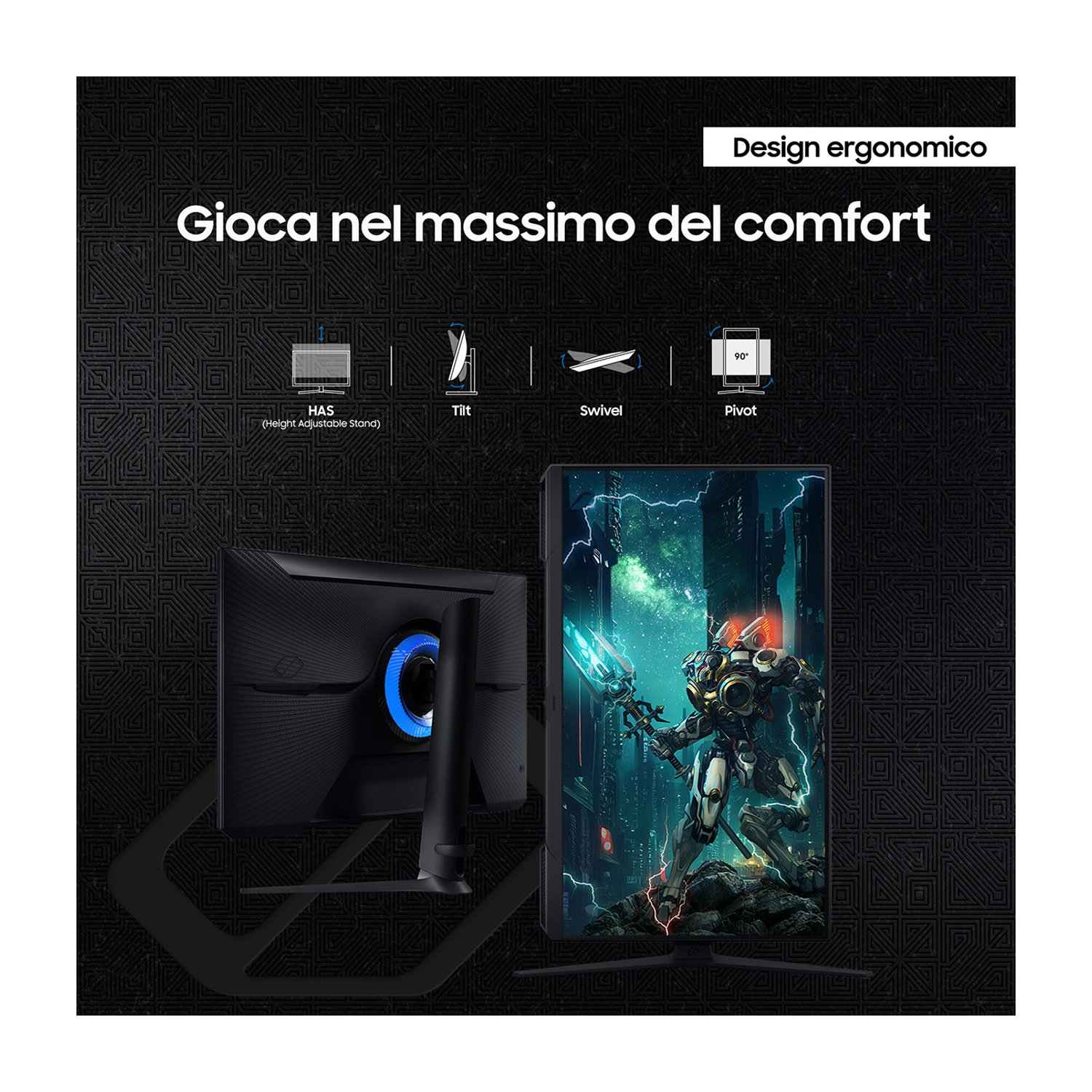 Monitor con gioco in mostra, e diagrammi delle regolazioni, su sfondo scuro.
