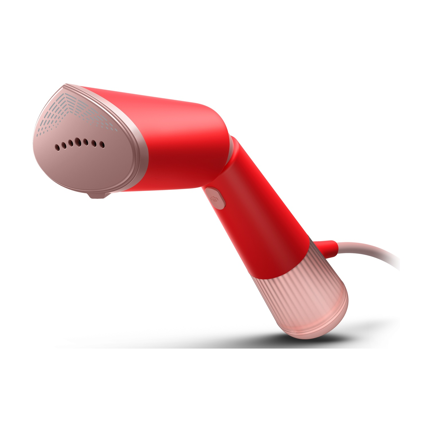 Uno steamer per indumenti portatile rosso e rosa isolato su sfondo bianco.