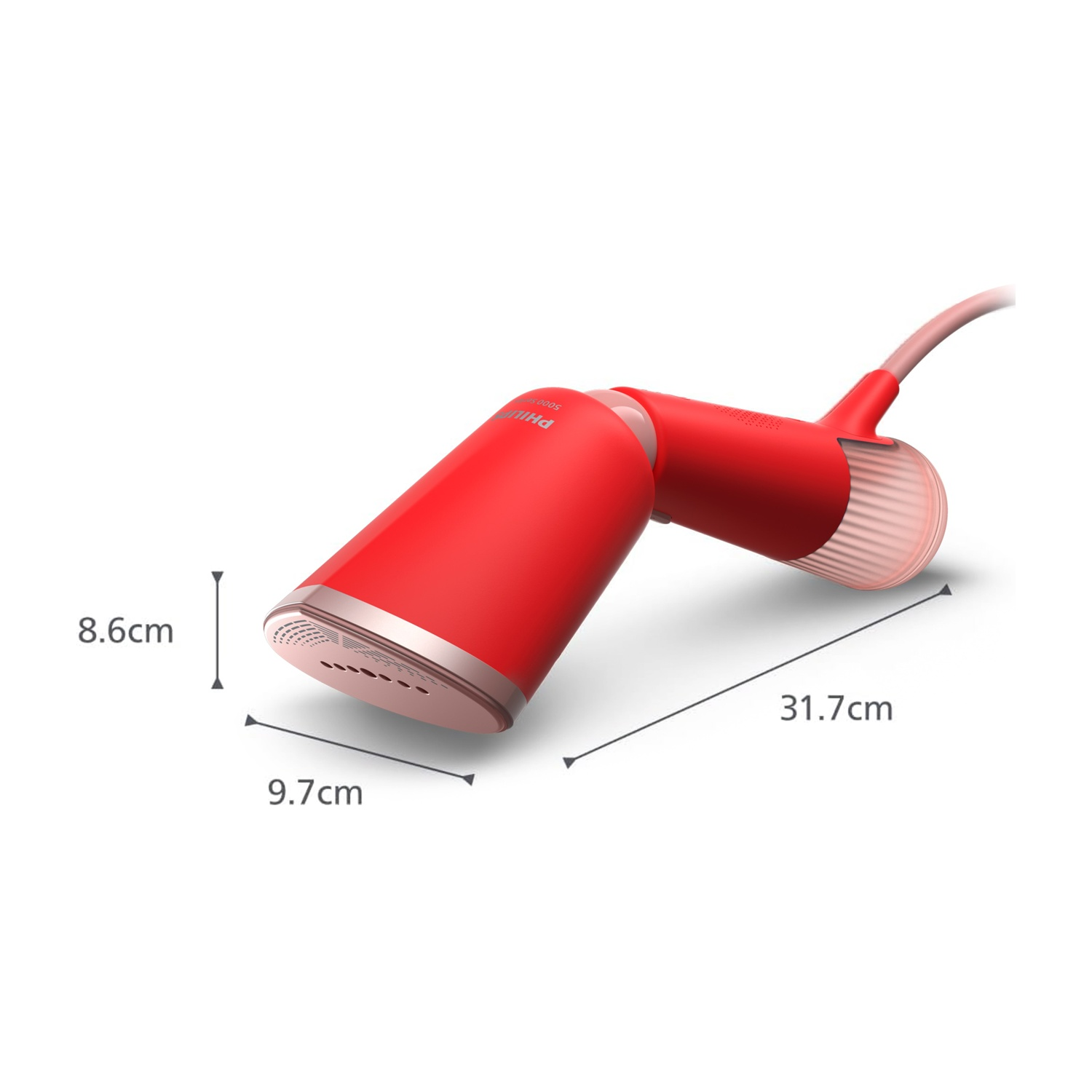Vaporiera rossa con dimensioni. 31,7 cm di lunghezza, 9,7 cm di larghezza e 8,6 cm di altezza.