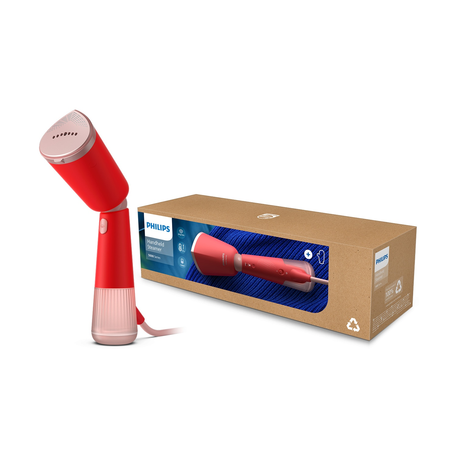 Vaporizzatore portatile Philips rosso e rosa e scatola di cartone su sfondo bianco. La scatola mostra il prodotto.