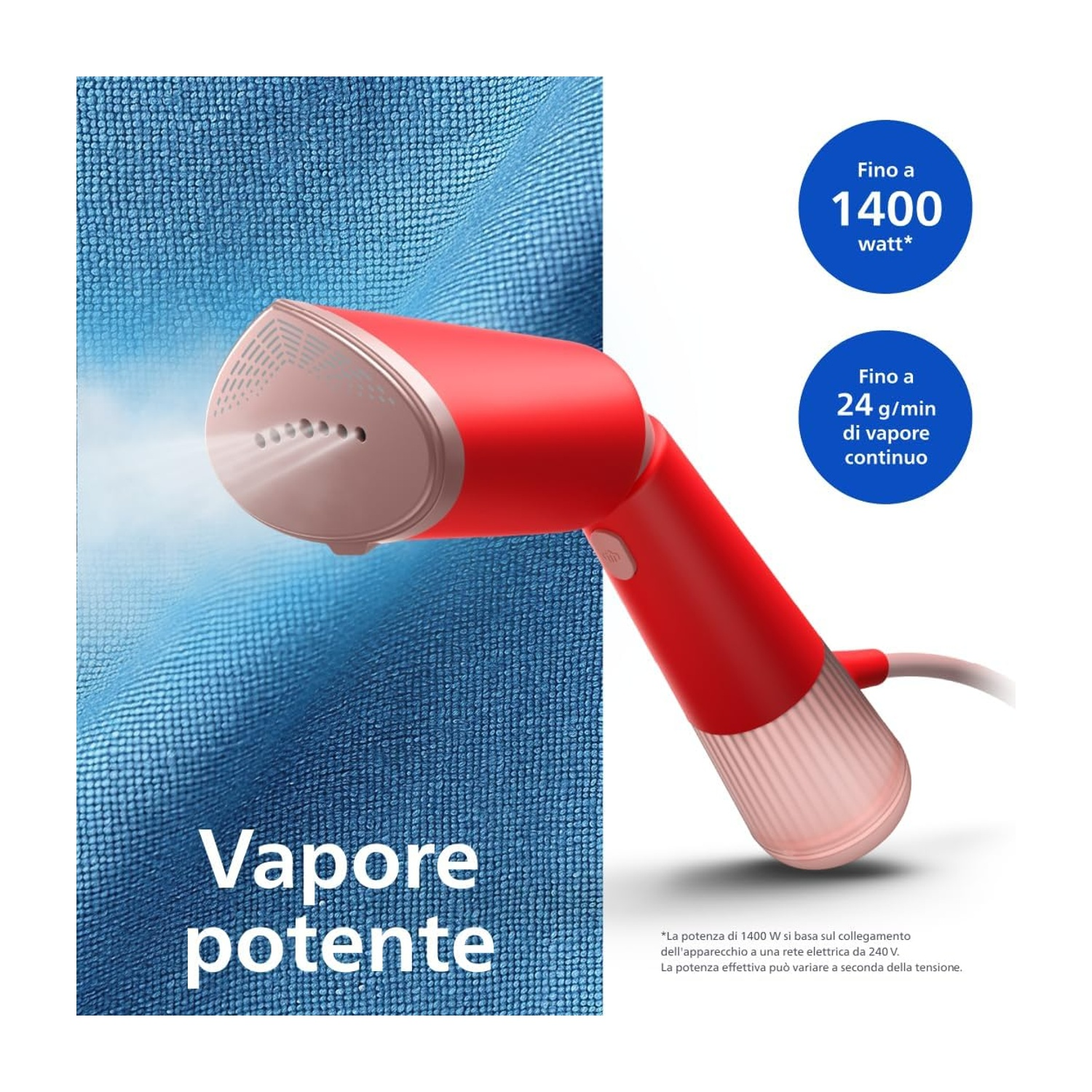Vaporizzatore per abiti rosso e bianco, che vaporizza un tessuto blu. Il testo recita 'Vapore potente' e il wattaggio.