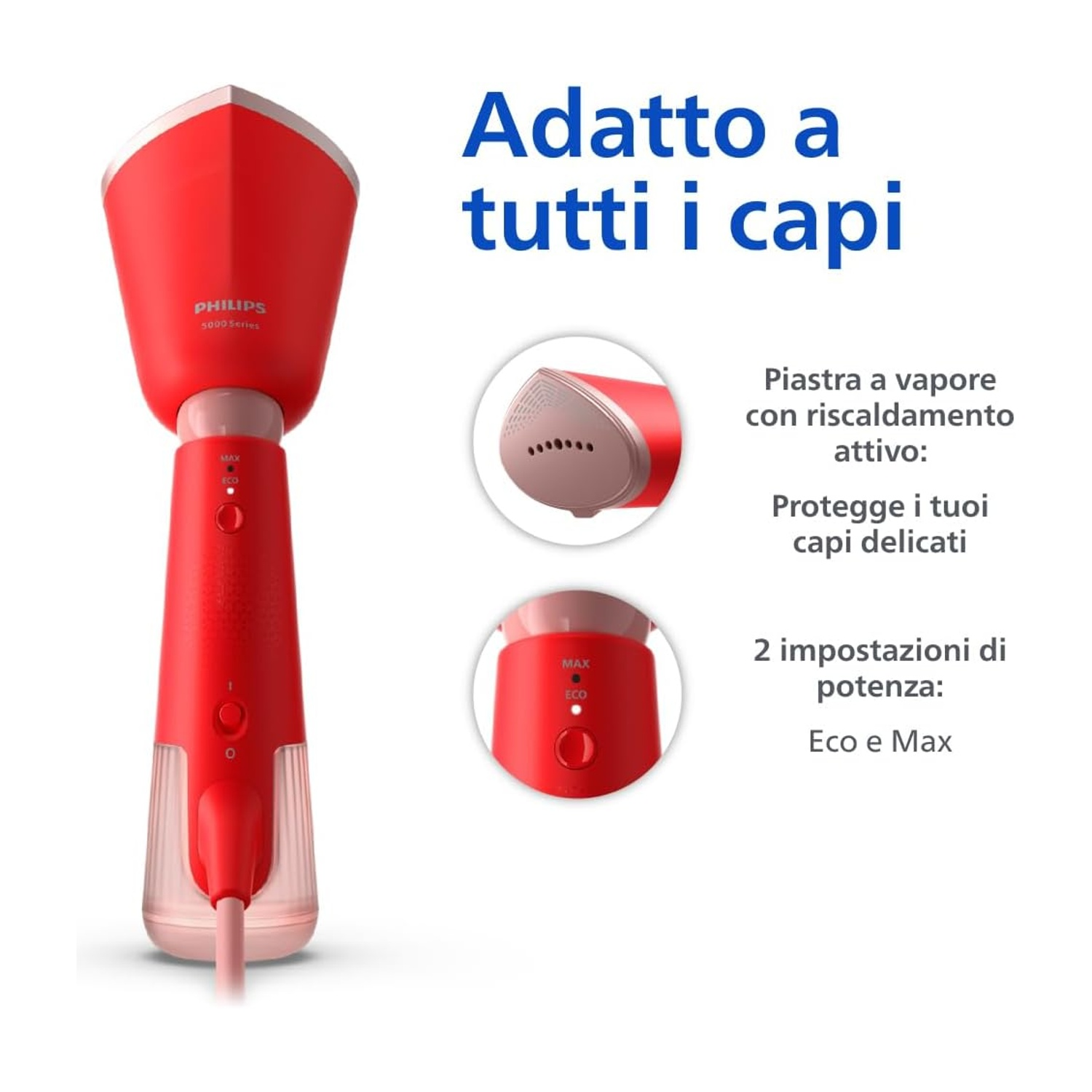 Vaporiera rossa e bianca con testo e diagrammi.