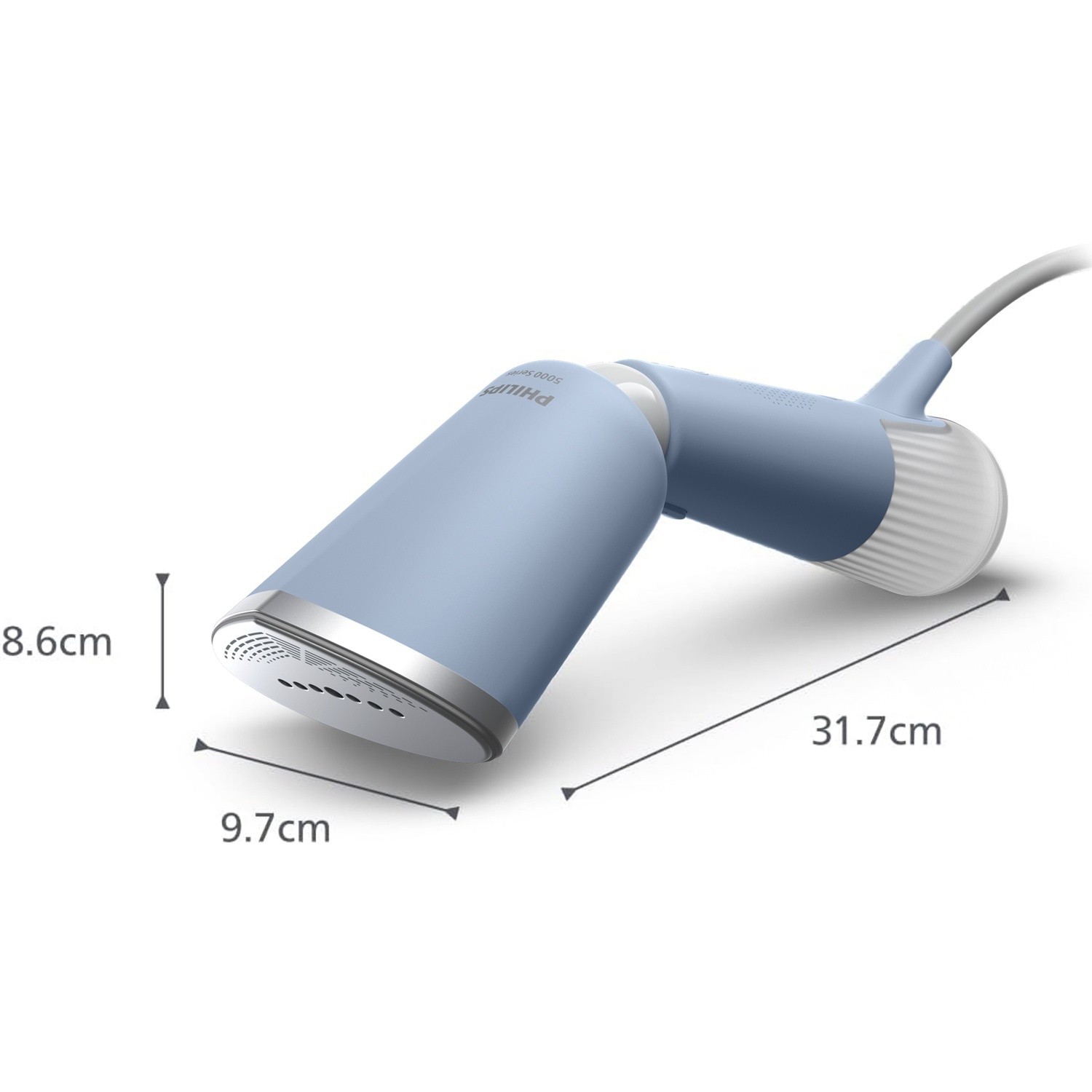 Un vaporizzatore portatile blu con dimensioni: 8,6 cm, 9,7 cm e 31,7 cm.