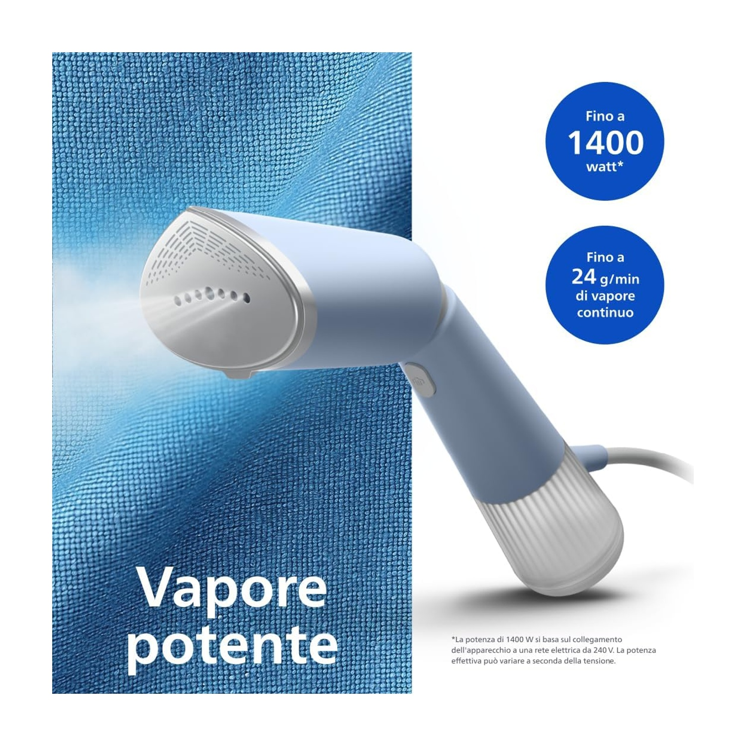 Vaporizzatore portatile blu e bianco, vapore su tessuto blu, con testo che spiega potenza e vapore.