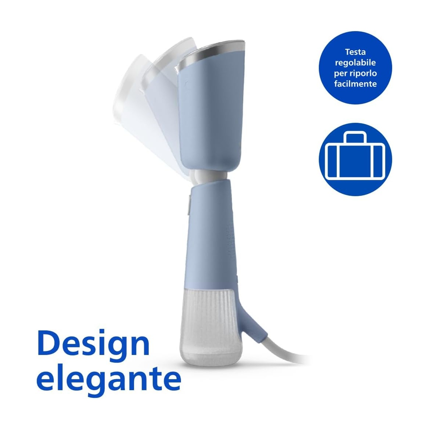 Un vaporizzatore per indumenti blu e bianco è mostrato. Ha una base bianca e una parte superiore blu.