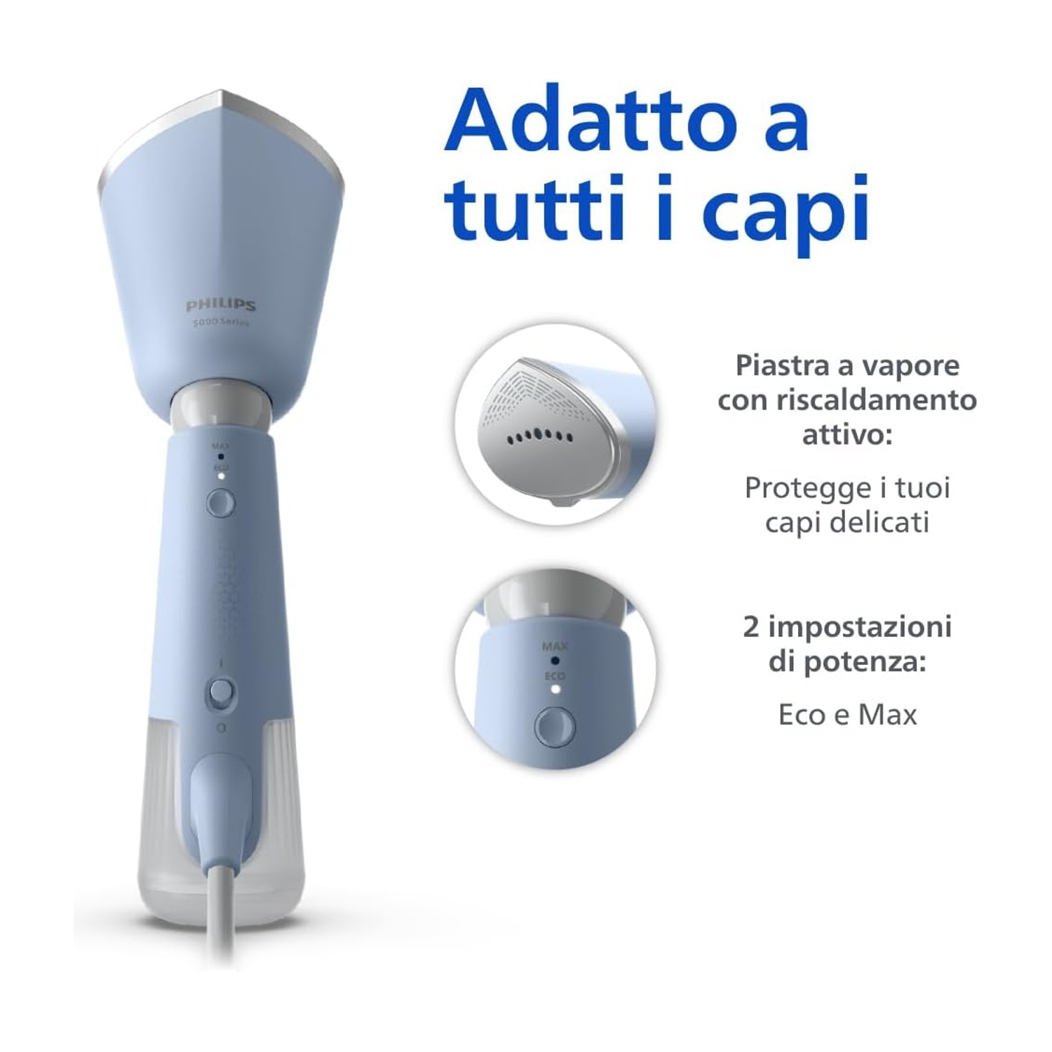 Un vaporizzatore Philips blu. Mostra la piastra a vapore e le impostazioni di alimentazione con testo.