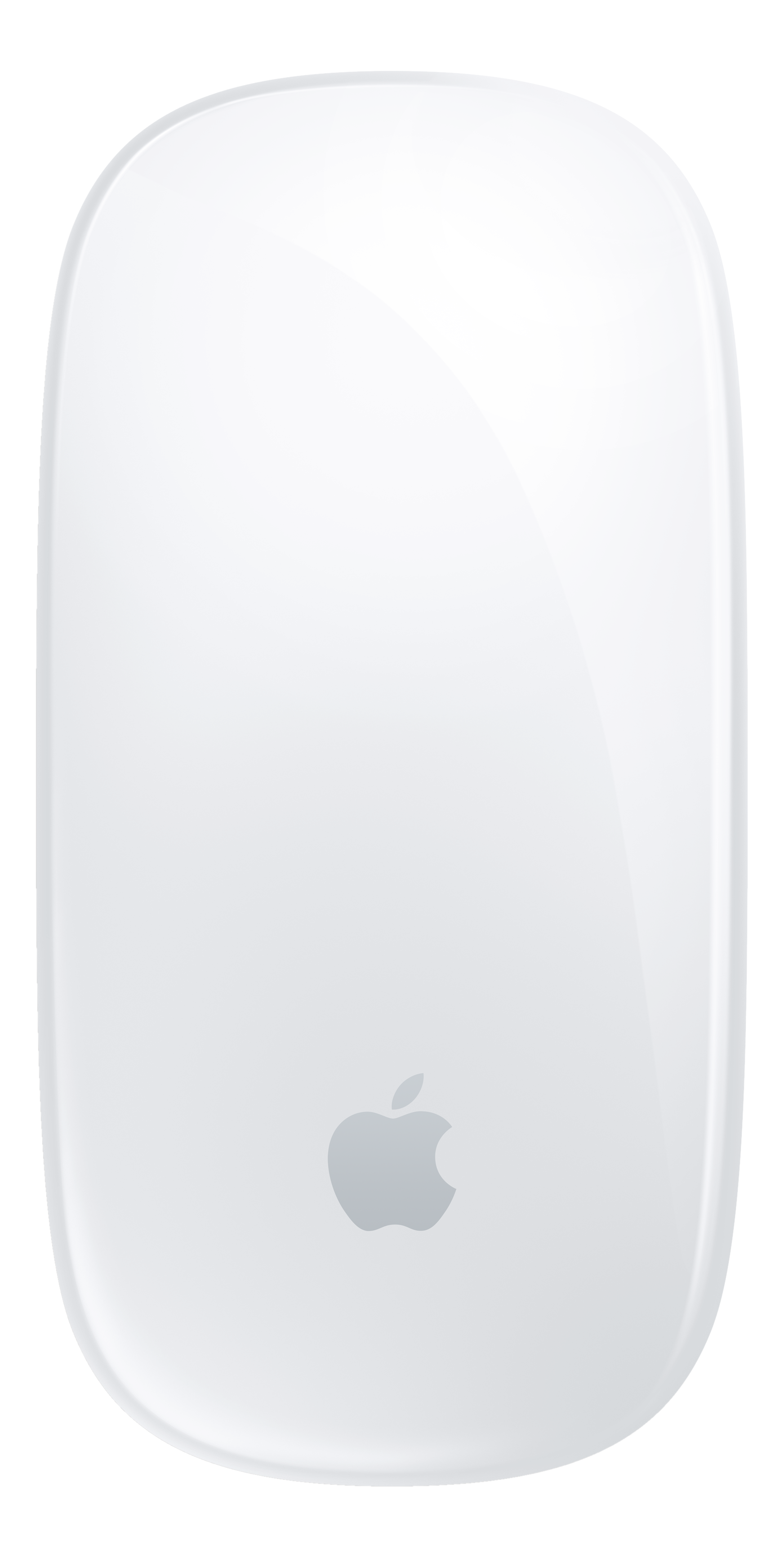 Apple Magic Mouse bianca. Presenta il logo Apple sulla superficie inferiore. Design minimalista.