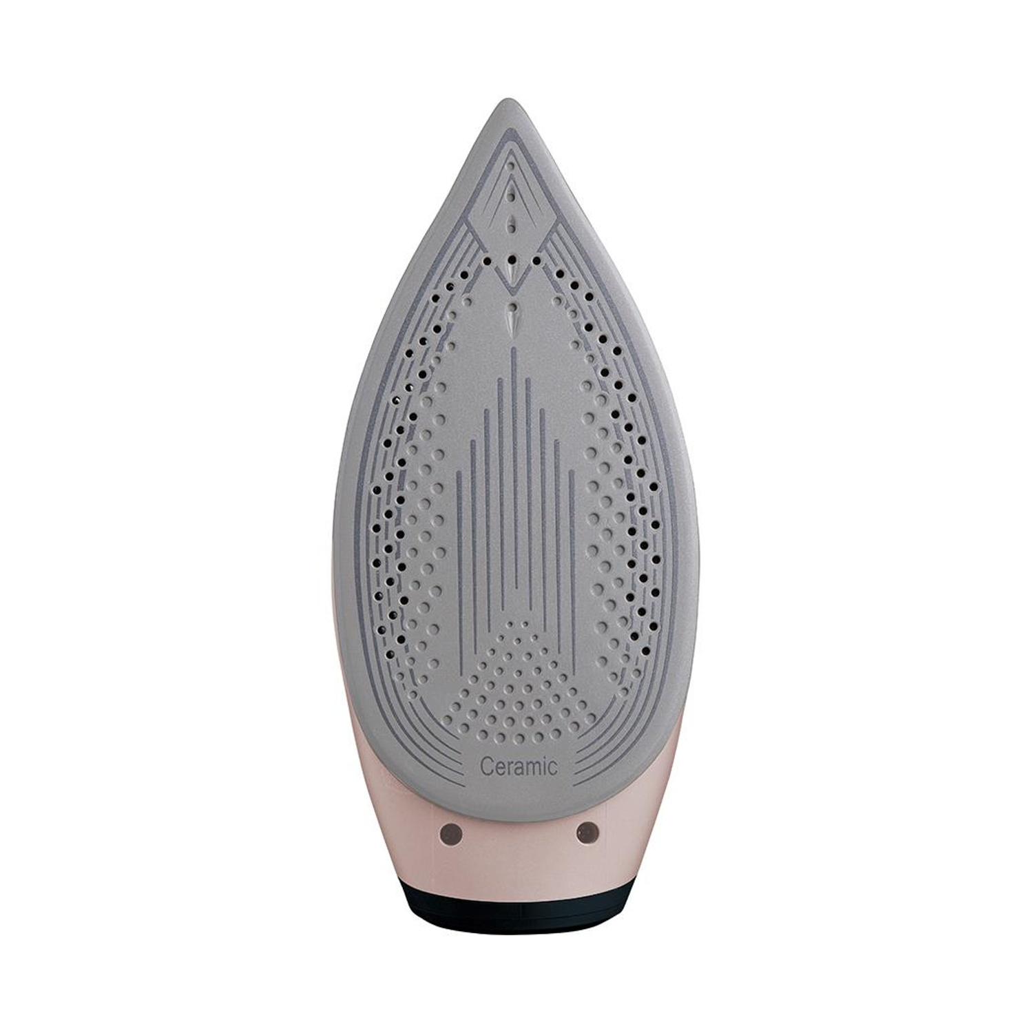 Piastra del ferro da stiro, manico rosa, con fori e scanalature per il vapore. Materiale ceramico.