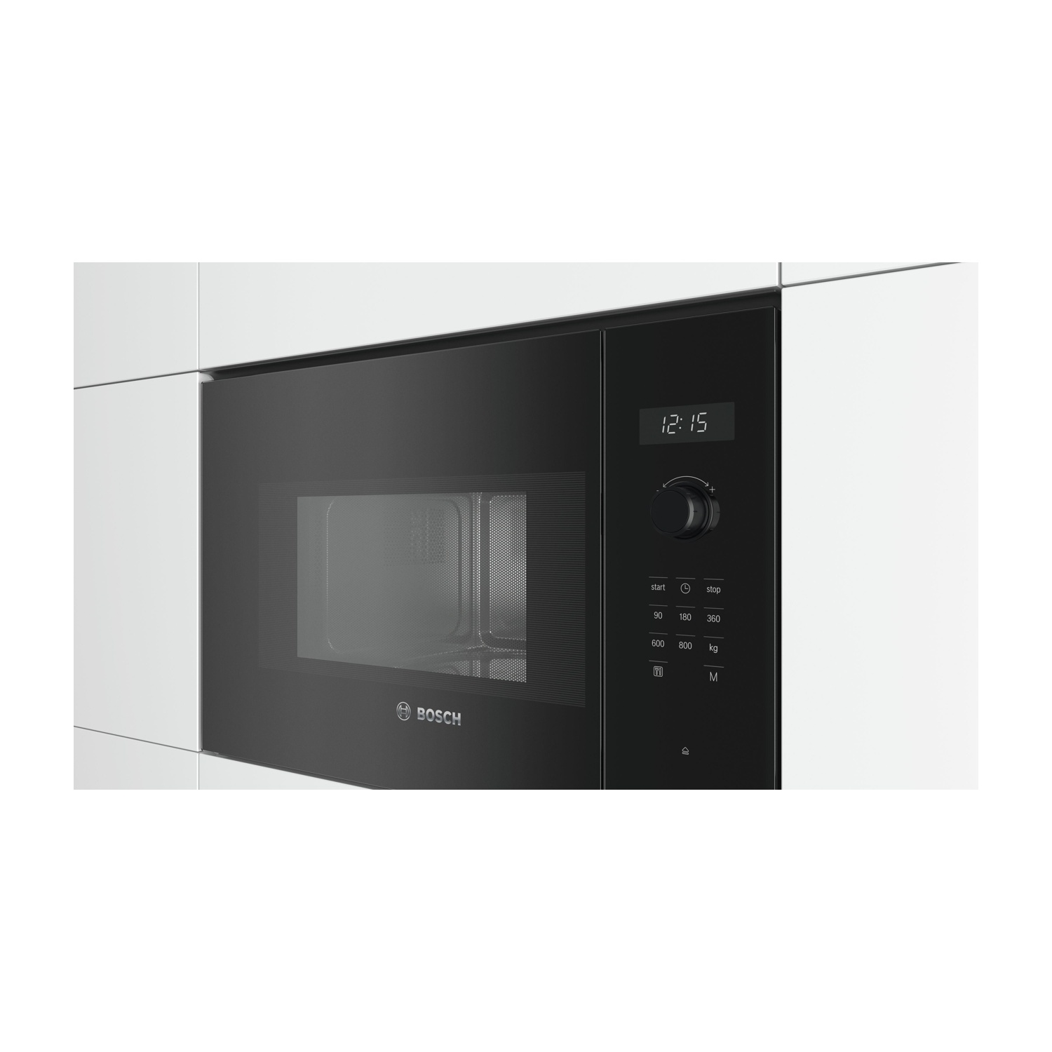 Forno a microonde nero a incasso con display digitale, pulsanti e logo del marchio su sfondo bianco.
