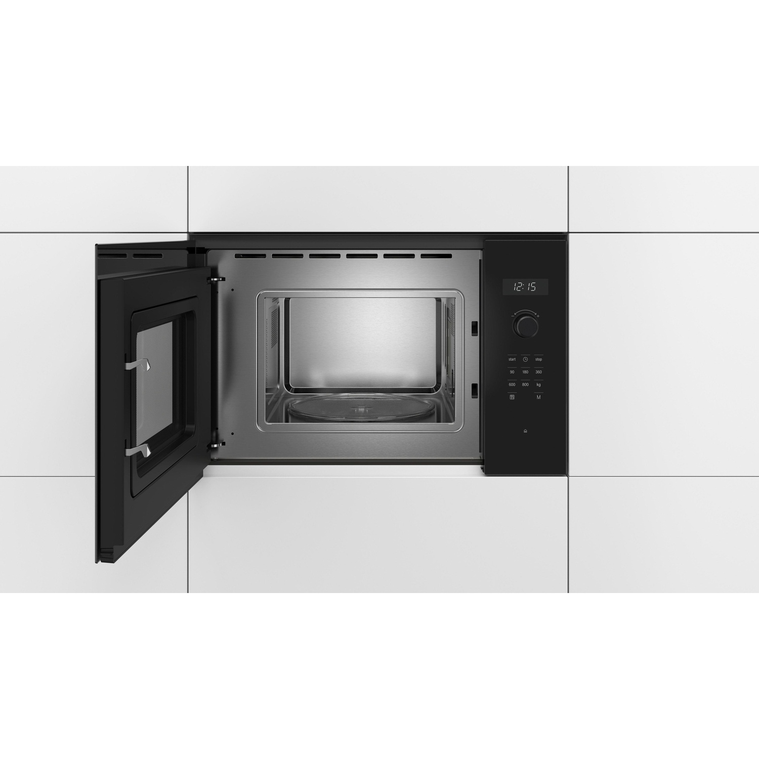 Un forno a microonde nero aperto, che mostra l'interno con un piatto di vetro.