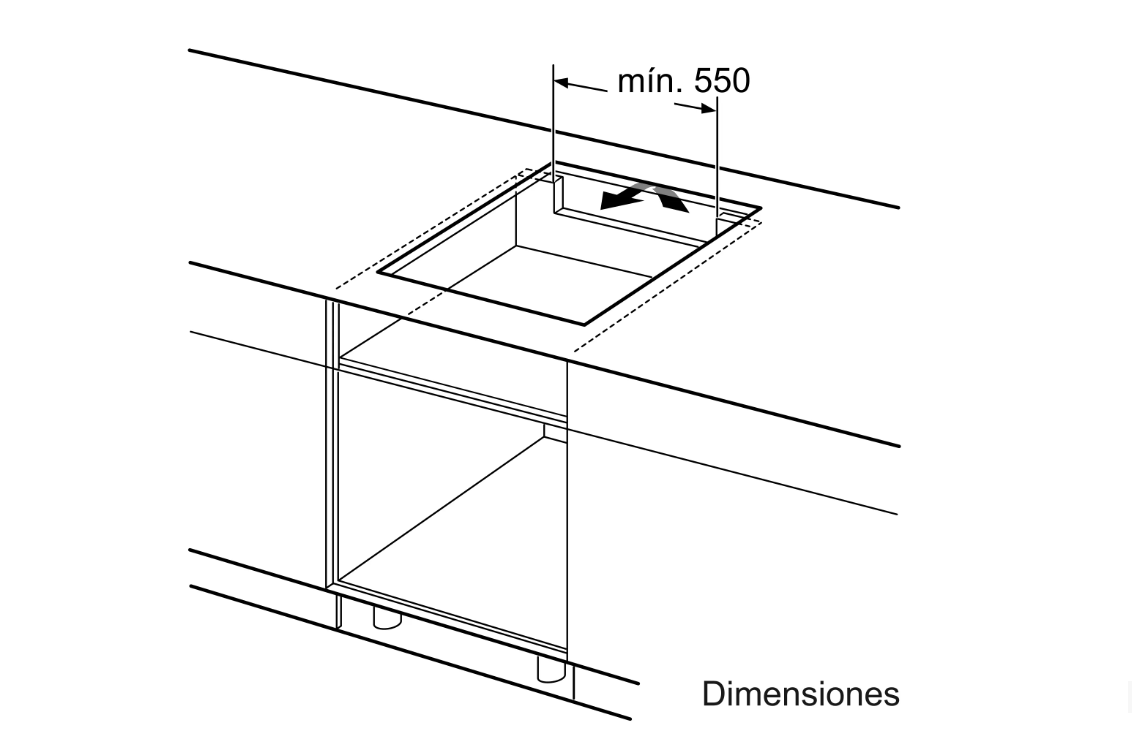 Diagrama de encimera de cocina con hueco cuadrado para vitrocerámica e indicador de dimensión.