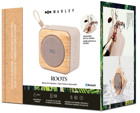 Hangszóró doboz fa előlappal és címkével, szöveggel: Roots, Bluetooth, Marley.