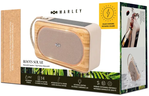 Marley Roots Solar hangszóró doboz, napelem, bambusz és termék részletekkel.