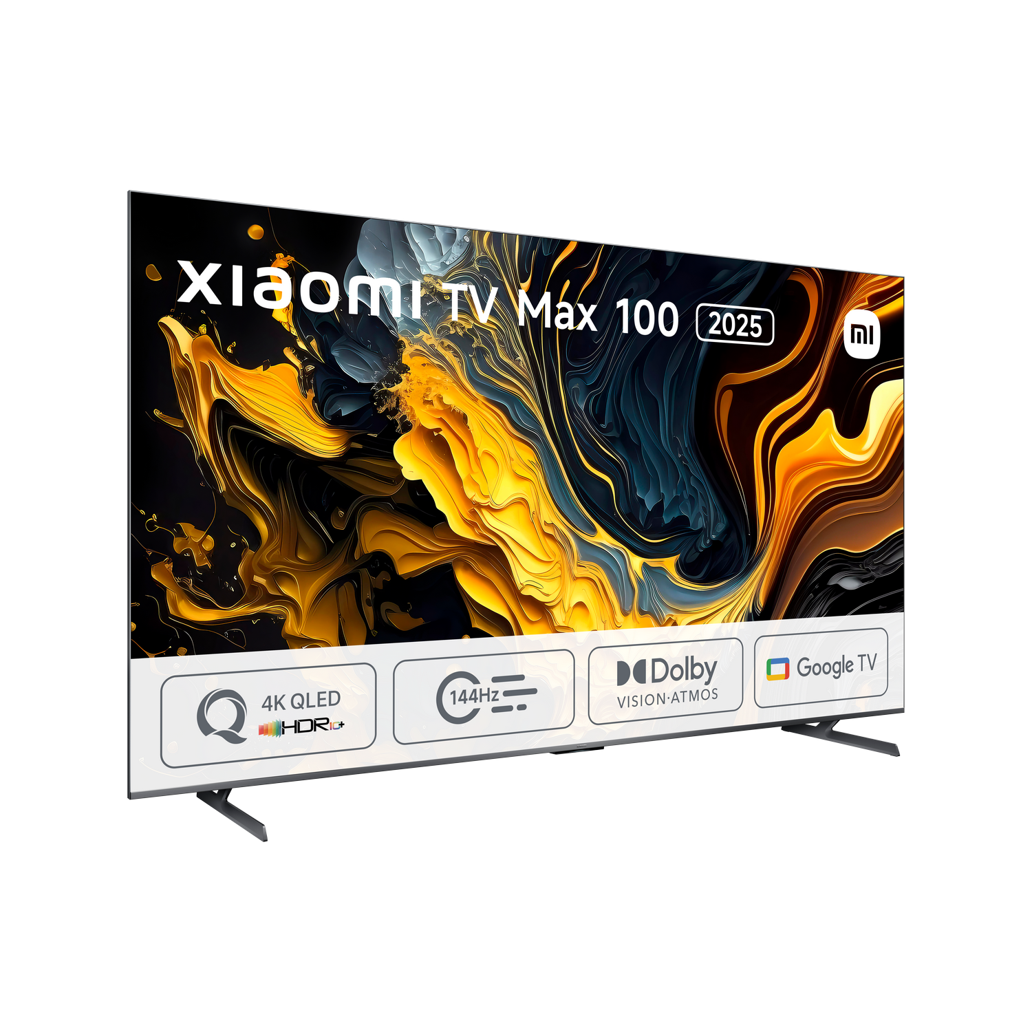 Un televisor Xiaomi grande con un fondo abstracto colorido y elementos de marca en la parte inferior.