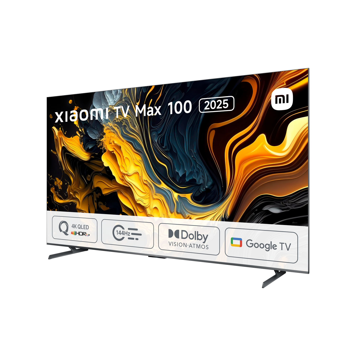 Un televisor de pantalla grande que muestra una imagen colorida. Tiene un marco negro y se apoya en dos patas.