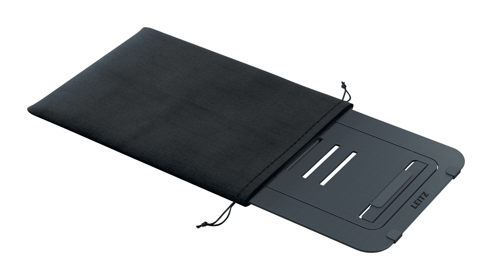 Fekete laptopállvány fekete vászontáskában. Leitz logó látható az állványon.