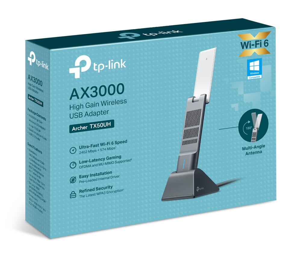 Pudełko adaptera USB Tp-link Wi-Fi 6. Zawiera adapter, antenę i funkcje, jak niskie opóźnienia i łatwą instalację.