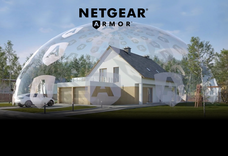Ein Haus wird durch ein halbtransparentes Schutzschild mit dem NETGEAR ARMOR-Logo geschützt.