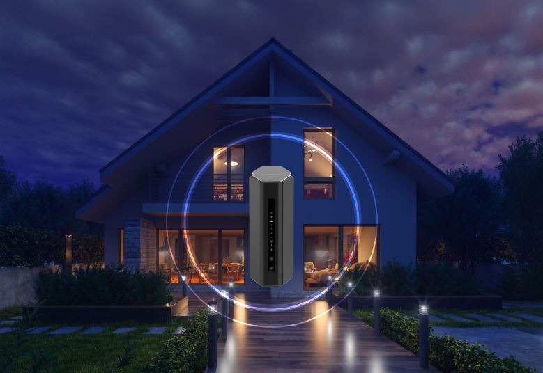 Haus bei Nacht, Router in der Mitte, beleuchtet von blauem und orangefarbenem Schein.