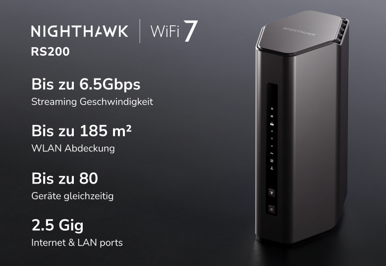 Schwarzer Nighthawk WiFi 7 Router mit Text, der seine Funktionen beschreibt, auf Schwarz.