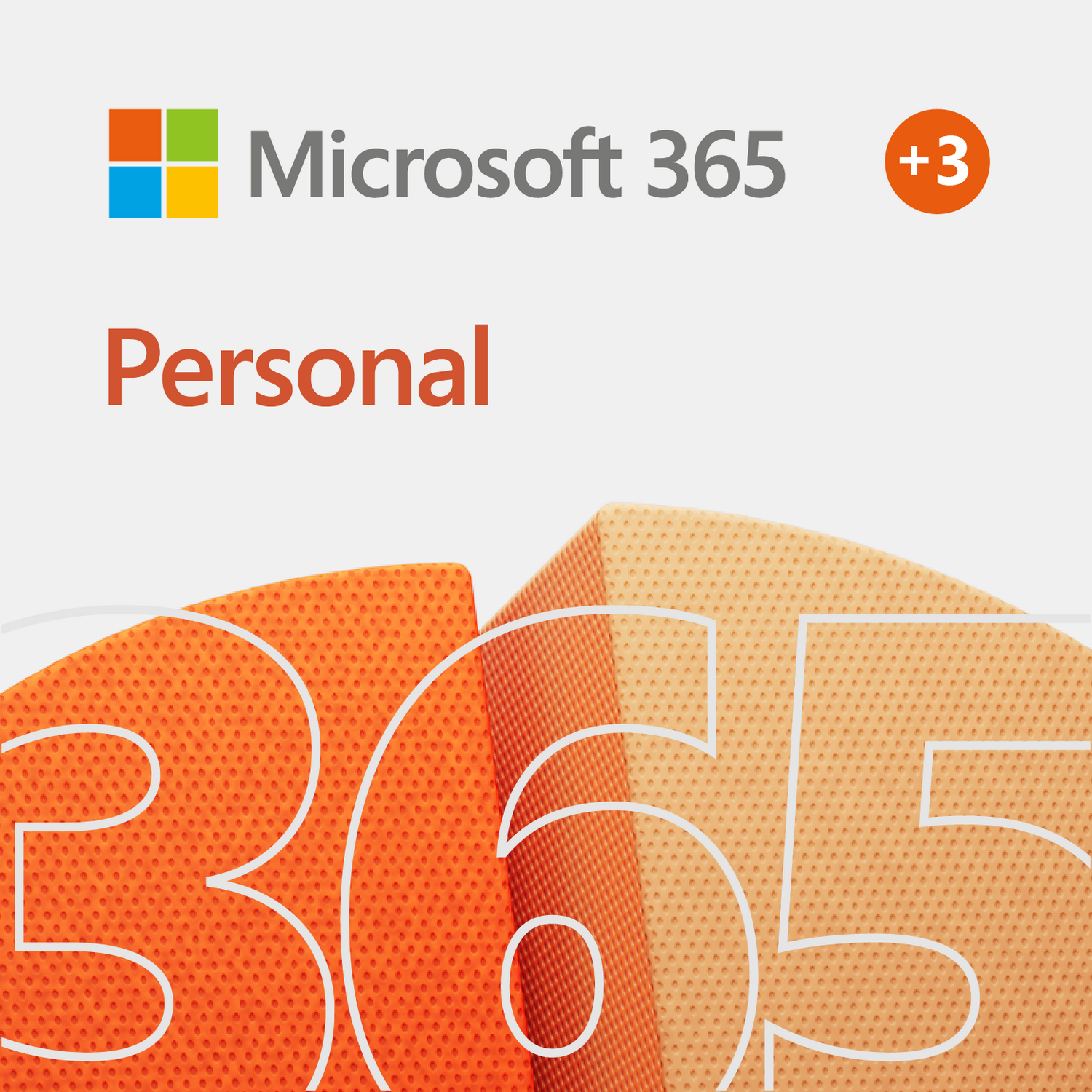 Empaque de Microsoft 365 Personal. Colores naranja y beige con el logo '365' e indicador '+3'.
