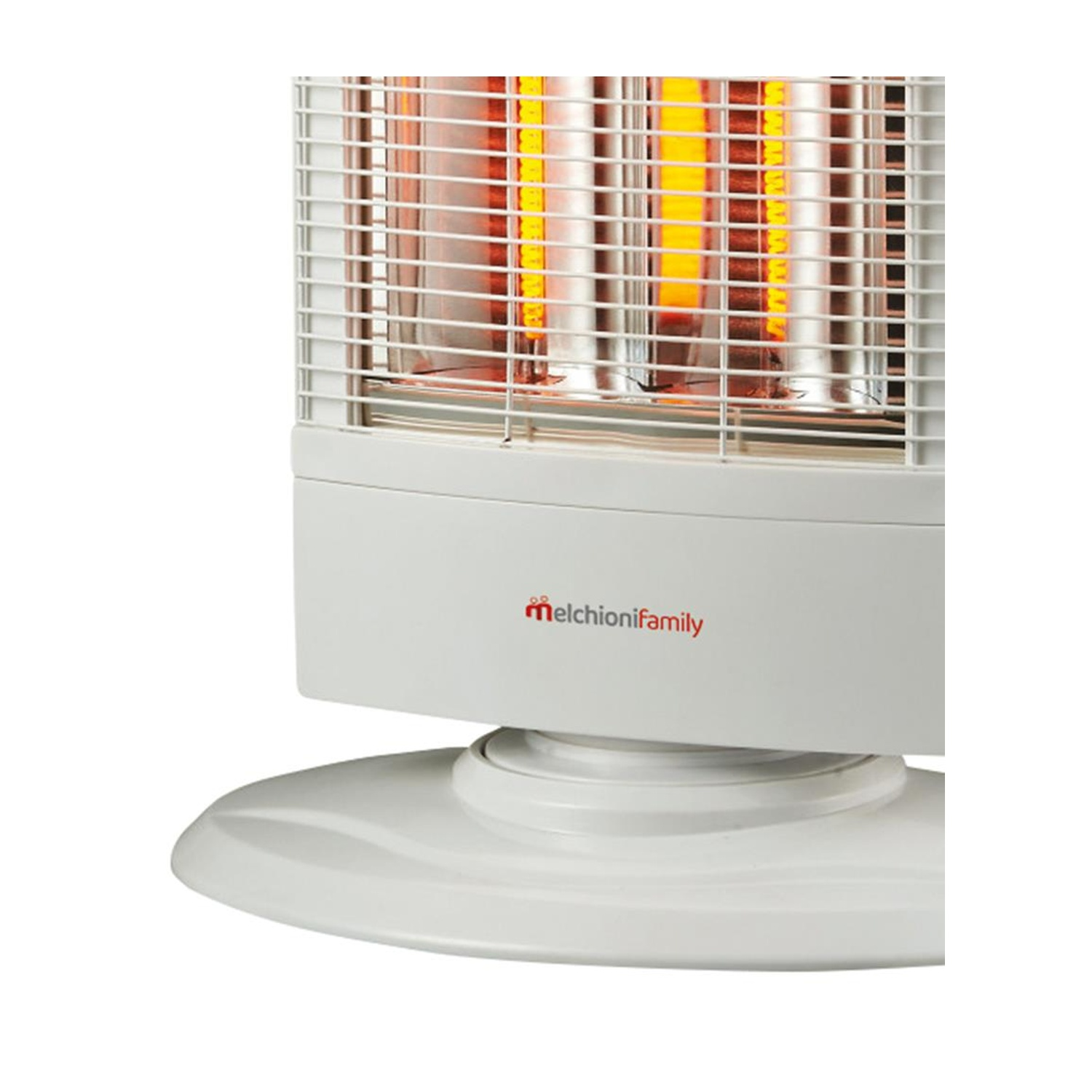 Un termoventilatore elettrico bianco. L'elemento riscaldante è visibile. La base ha il logo.