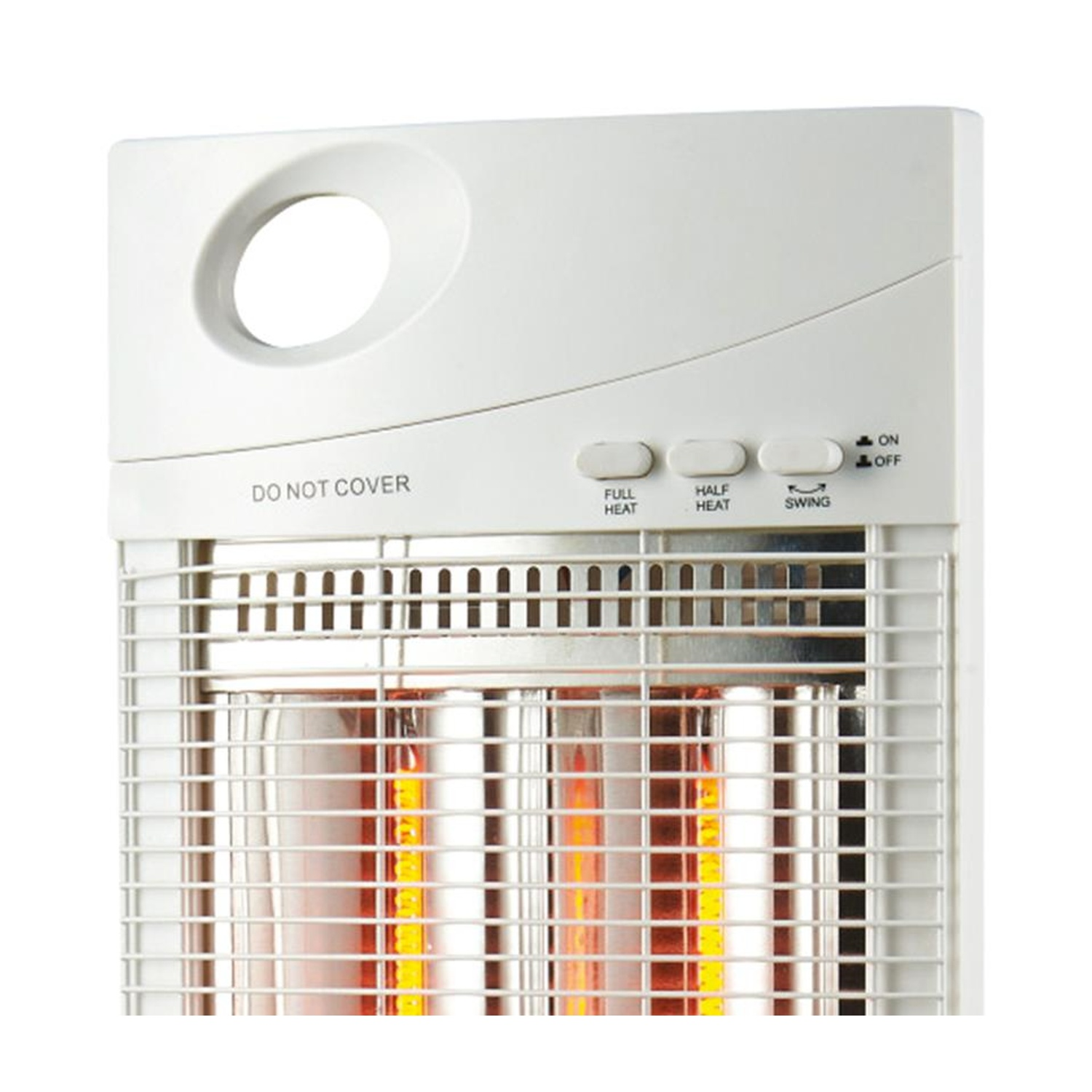 Primo piano di un termoventilatore bianco con pulsanti di controllo ed elemento riscaldante visibile.