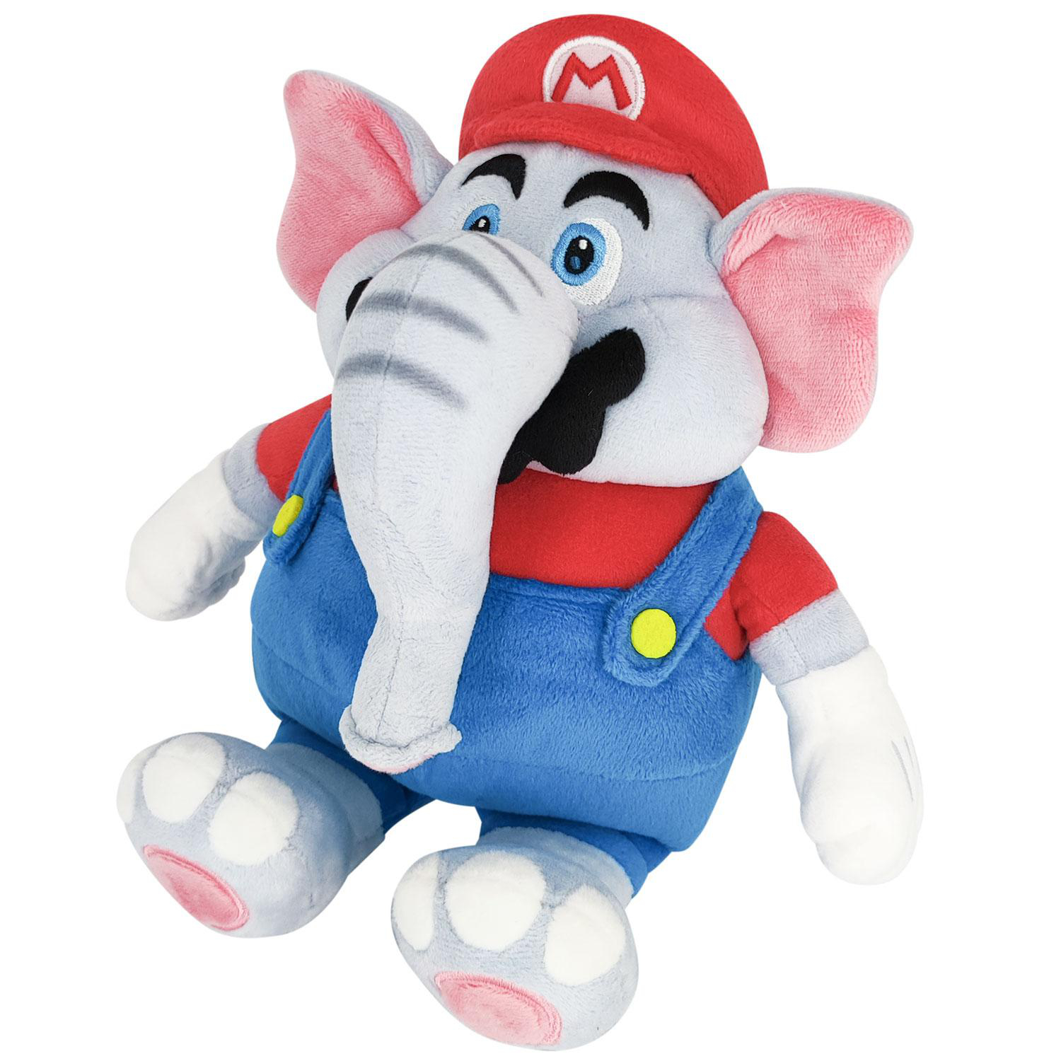 Plüsch-Elefant im Mario-Outfit. Roter Hut, blaue Latzhose. Weißer Hintergrund.