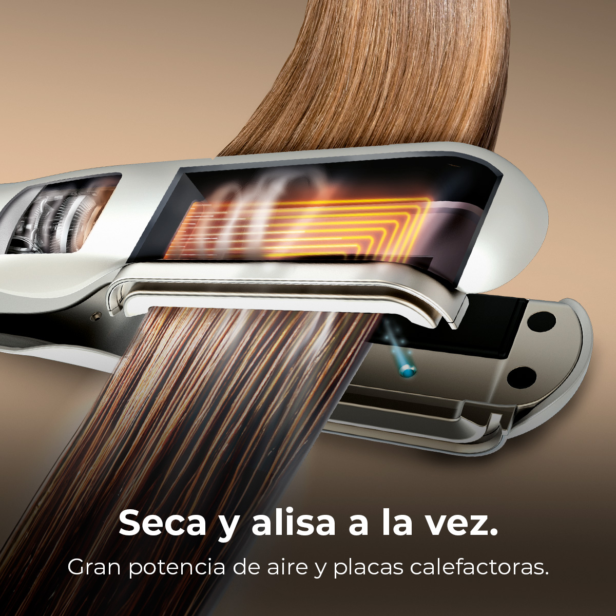 Plancha de pelo, con una sección de cabello que se está alisando. Placas térmicas naranjas son visibles.
