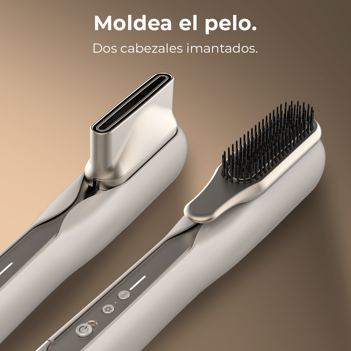Dos herramientas de peinado sobre un fondo marrón. El texto dice: 'Moldea el pelo. Dos cabezales magnéticos'.