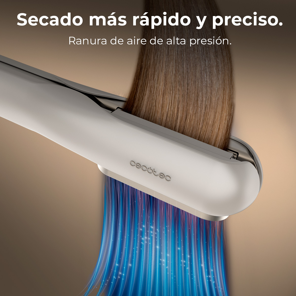 Cabello peinándose con una plancha de pelo blanca y plateada. Flujo de aire azul visible.
