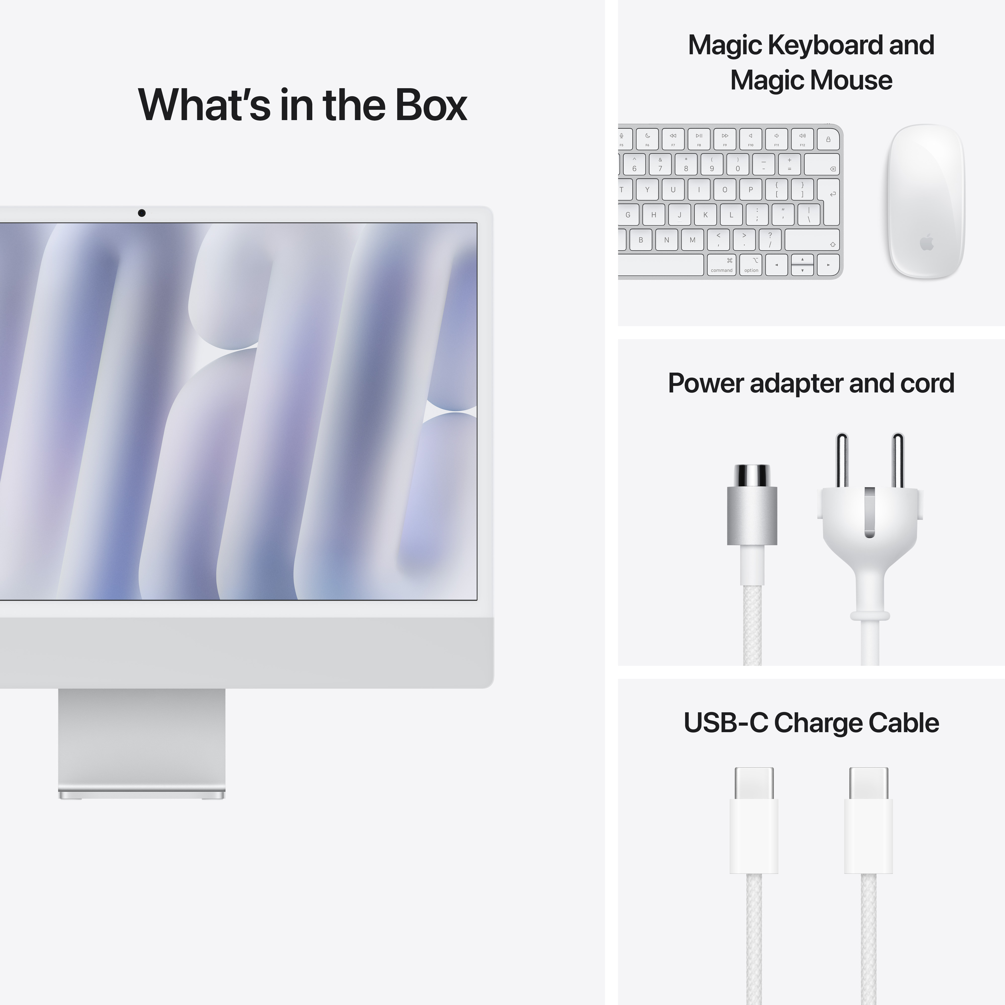 Weißer iMac mit Tastatur, Maus, Netzteil und USB-C-Kabel auf weißem Hintergrund.